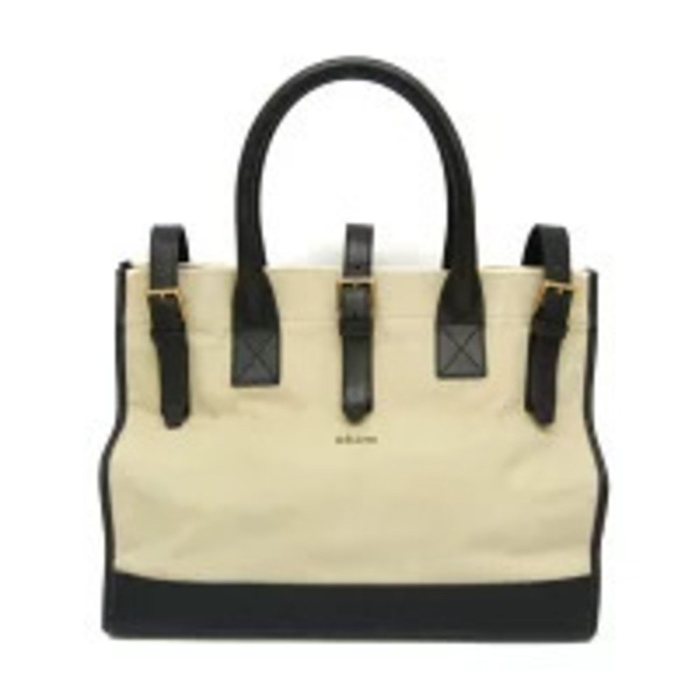 Celine Canvas Tote Bag Leather Handles Buckle Strap Cream Black